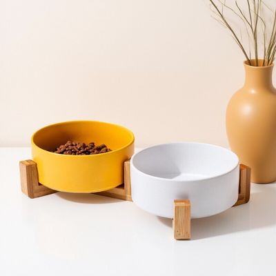 Ceramic Double Pet Bowl with Bamboo Stand for Cats Dogs