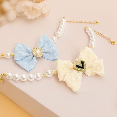 Pearl Cat Collar with Bow Pendant for Cats and Dogs