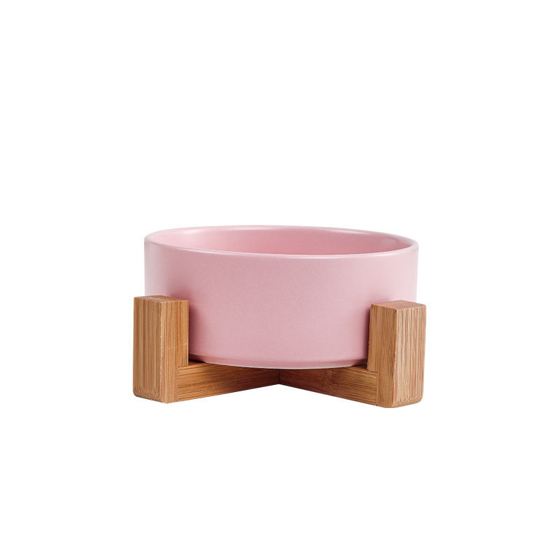 Ceramic Double Pet Bowl with Bamboo Stand for Cats Dogs