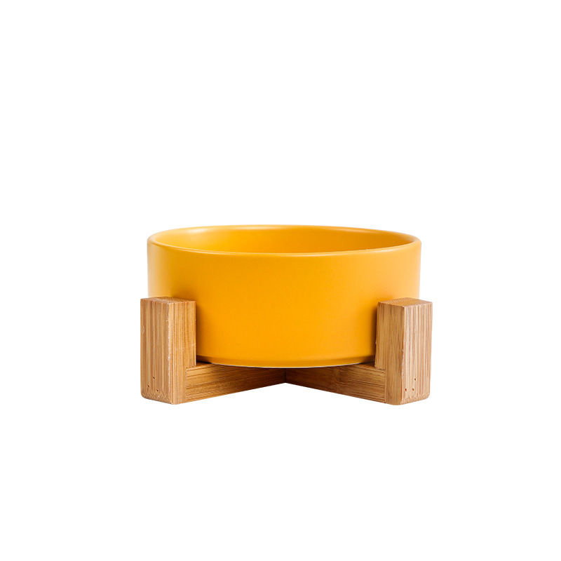 Ceramic Double Pet Bowl with Bamboo Stand for Cats Dogs