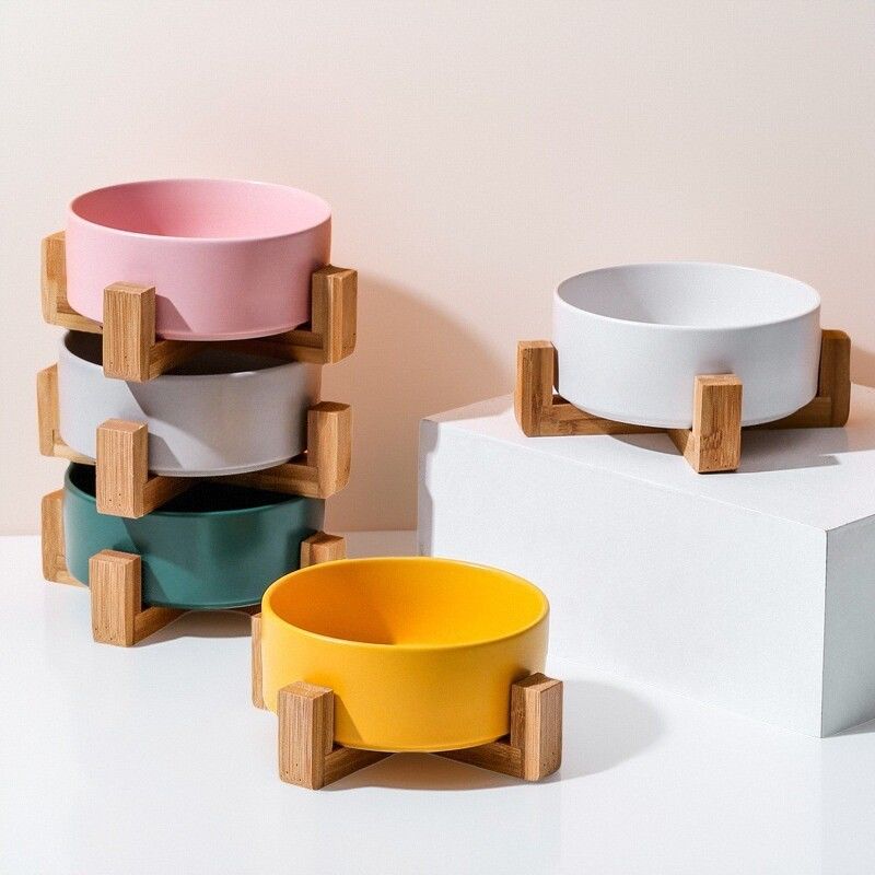Ceramic Double Pet Bowl with Bamboo Stand for Cats Dogs