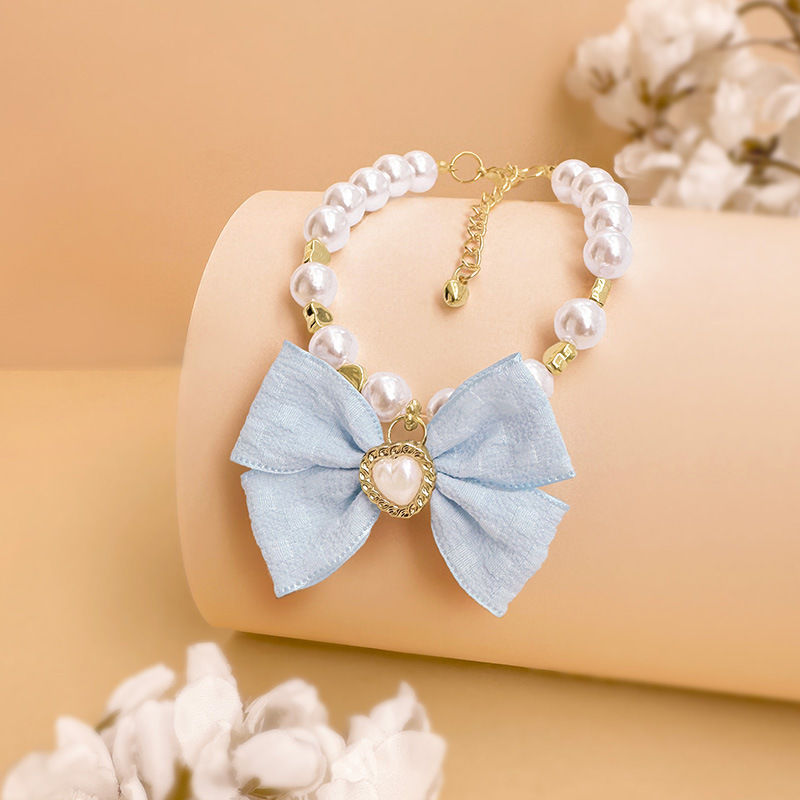 Pearl Cat Collar with Bow Pendant for Cats and Dogs